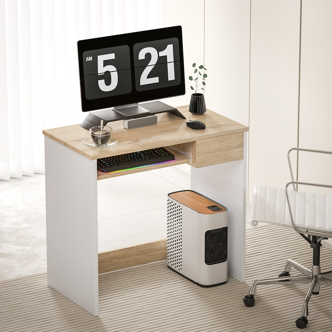 80cm Compact Computer Desk with Keyboard Tray, Home Office Desk with Drawer for Bedroom Study, Oak