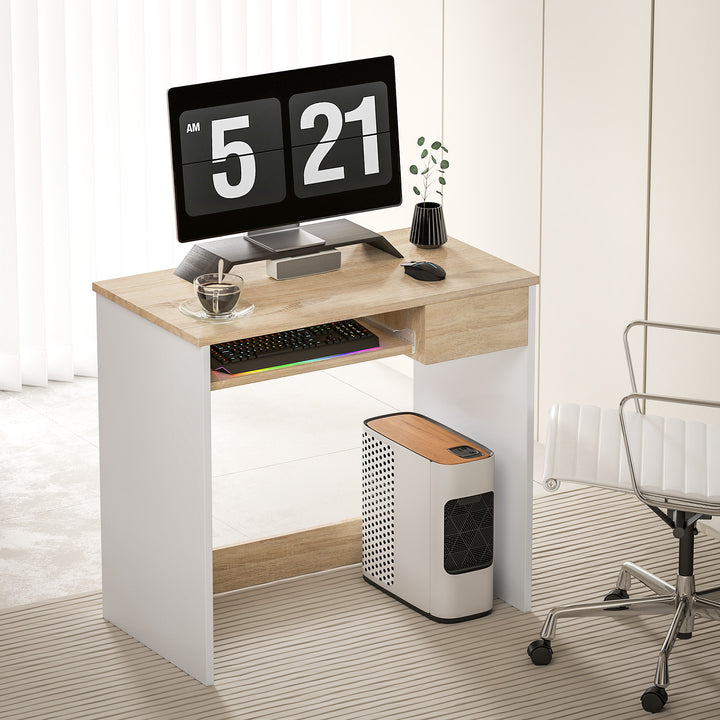 80cm Compact Computer Desk with Keyboard Tray, Home Office Desk with Drawer for Bedroom Study, Oak