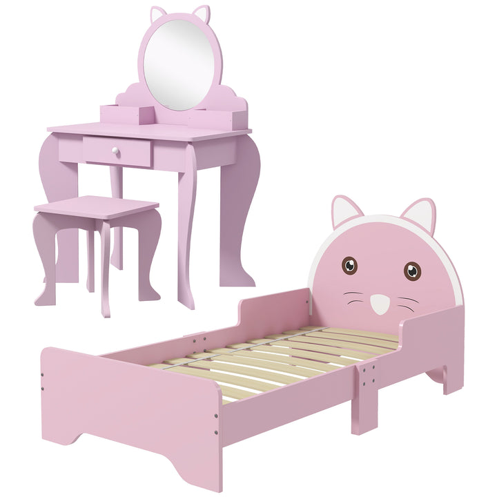 ZONEKIZ Wooden Children's Bedroom Set with Dressing Table, Stool, Bed, Cat Motif for Ages 3-6, Multicolour | Aosom UK