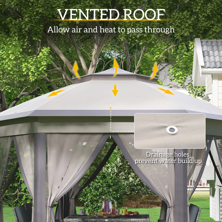 3 x 4m Garden Gazebo Hexagon Pop Up Gazebo Party Tent Canopy Double Roof Instant Shelter with Netting and Carry Bag for Outdoor Patio, Beige