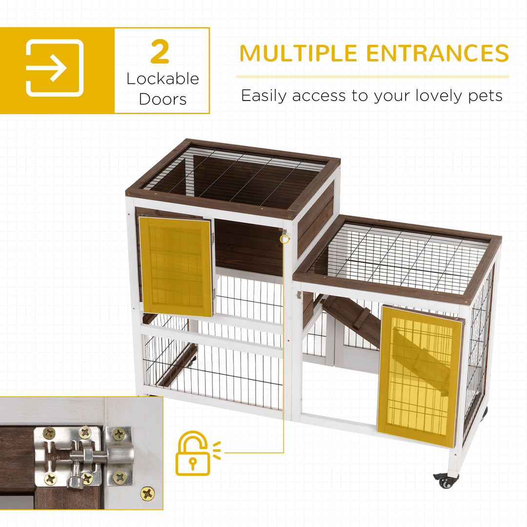 PawHut Wooden Indoor Rabbit Hutch Guinea Pig House Bunny Small Animal Cage W/ Wheels Enclosed Run 110 x 50 x 86 cm, Brown