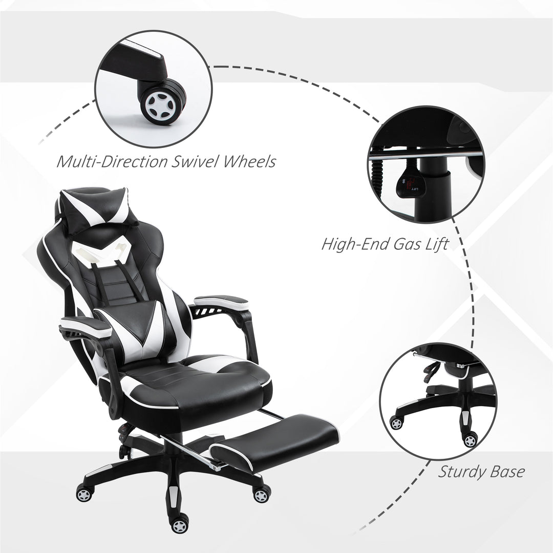 Computer Gaming Chair, Racing Desk Chair with Lumbar Support and Footrest, PU Leather Gamer Chair with Headrest and Swivel Wheels for Home, White