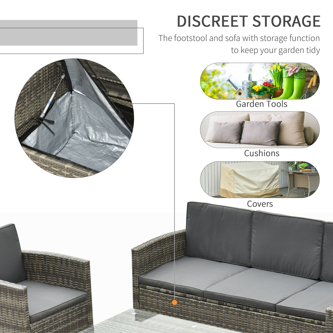 Rattan Garden Furniture Outdoor Patio 5 Piece Wicker Weave Sofa Set with Storage, Cushioned, 3-Seater Sofa + 2 Single Chairs + Foot Stool + Coffee Table