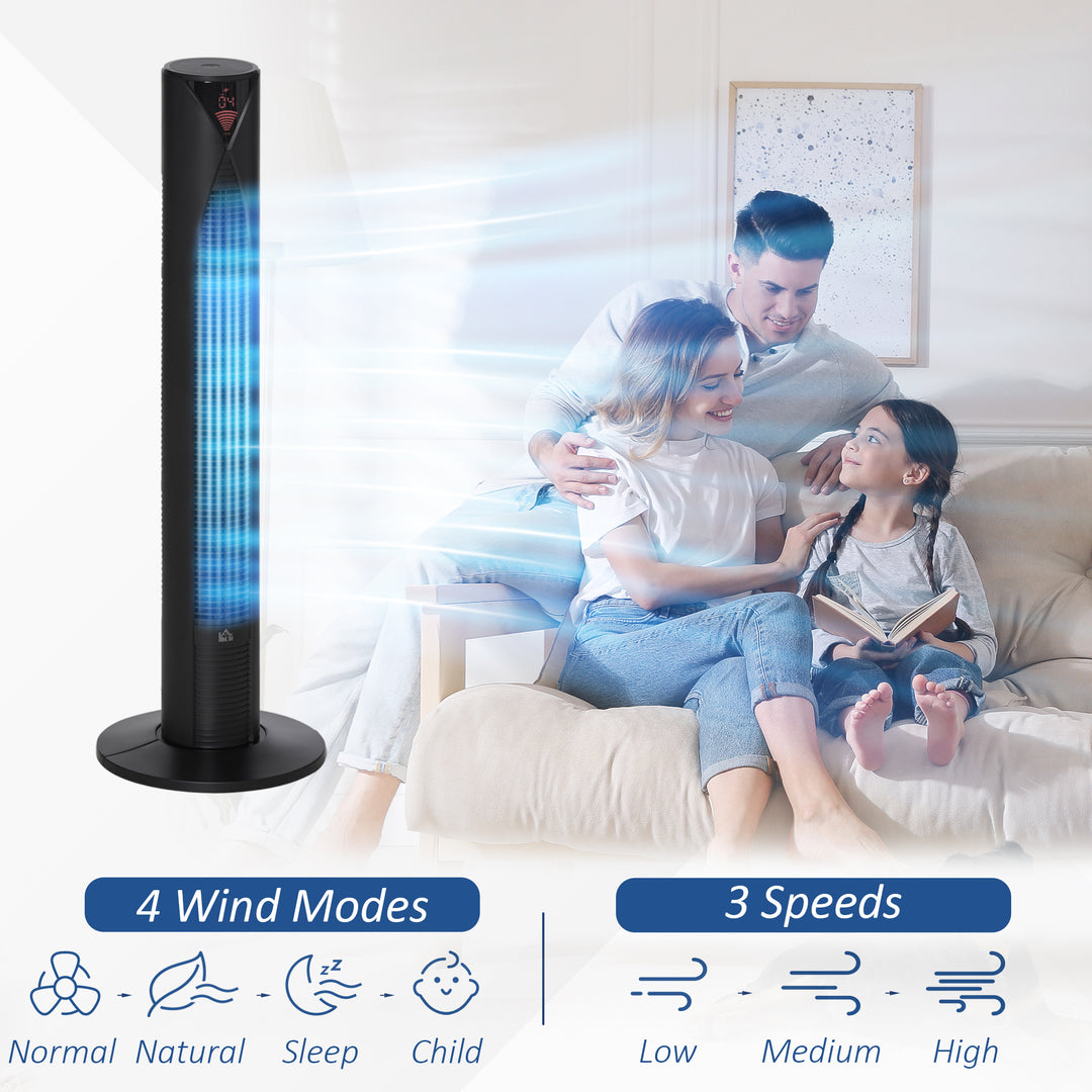 HOMCOM 38" Tower Fan with Remote Control, Oscillating, 3 Speeds, 12-Hour Timer, Slim Design for Cooling, Black - 31.5 x H96cm | Aosom UK