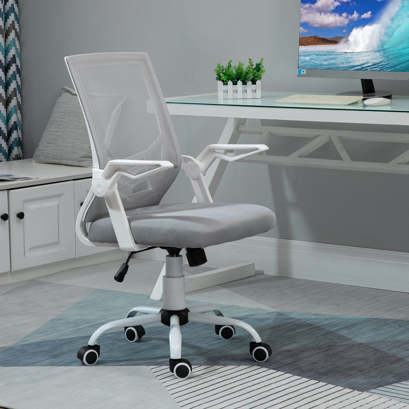 Mesh Office Chair with Flip-up Armrest, Swivel Computer Chair with Lumbar Support, Adjustable Height, Tilt Function for Home/Office, Grey