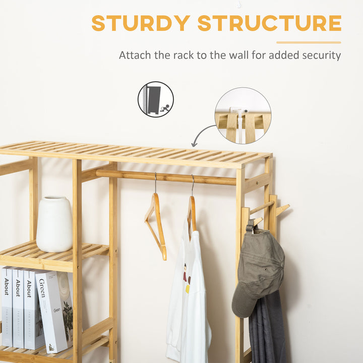 Bamboo Garment Rack, Clothes Rack with Storage Shelf, Hanging Rail and Side Hooks for Entryway, Bedroom, Bathroom and Office, Natural