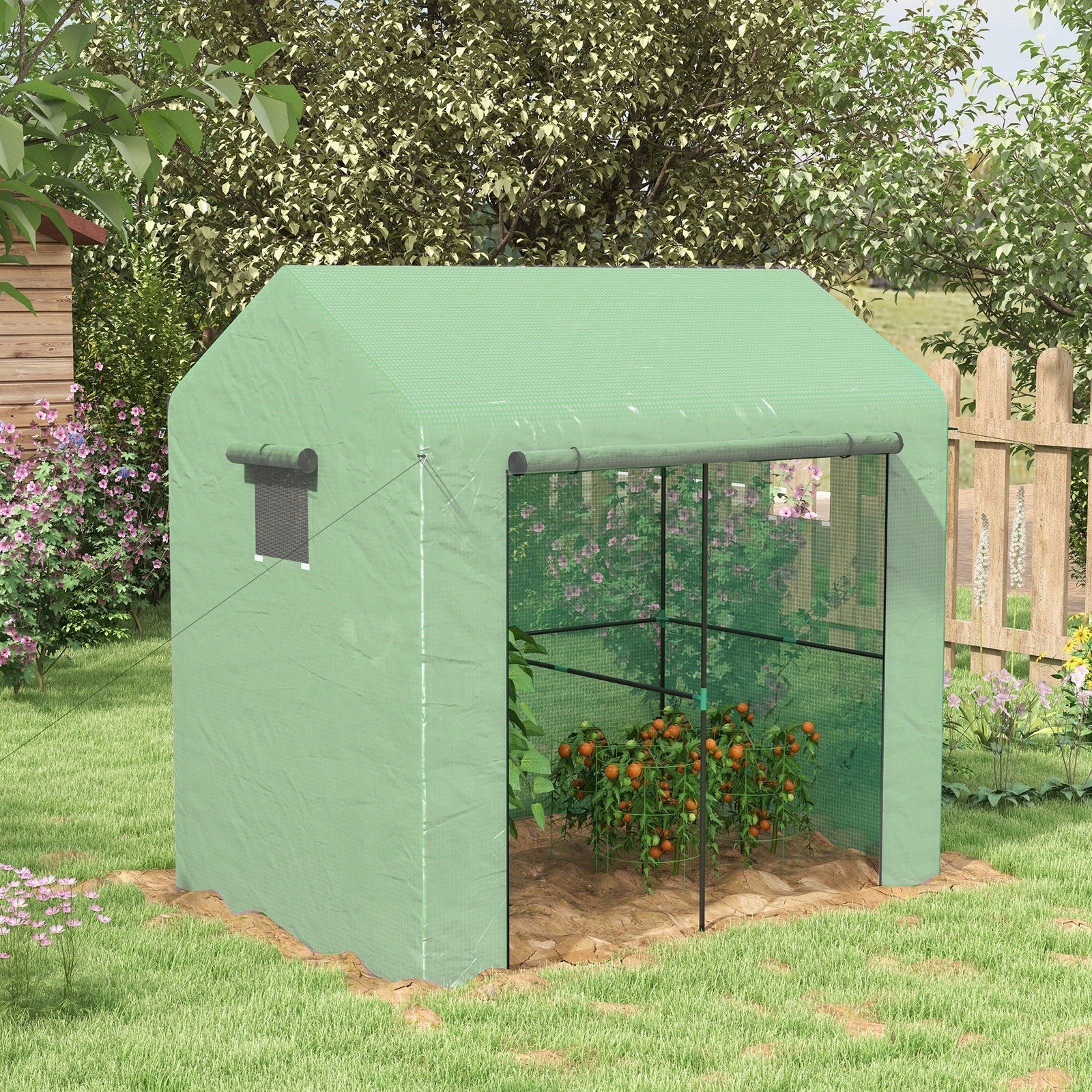 Greenhouse, Walk-in Garden Grow House with Roll-up Door and Mesh Windows, 200 x 140 x 200cm, Green