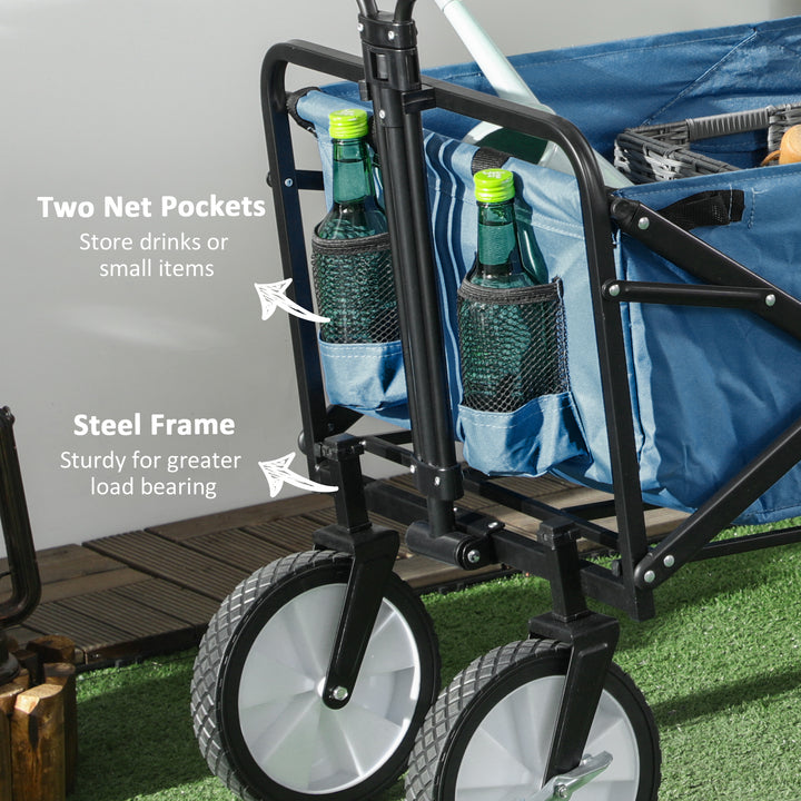 Outsunny Folding Wagon Cart, Pull Along Trolley for Beach and Garden Use, with Telescopic Handle, Blue | Aosom UK