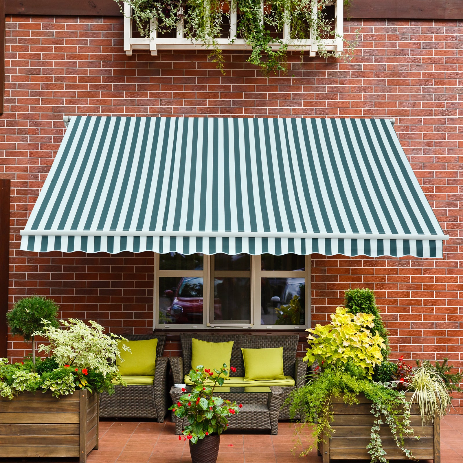 3 x 2.5m Patio Awning, Anti-UV and Waterproof Sun Shade Canopy with Chain Drive and Hand Crank, Green/White Stripes