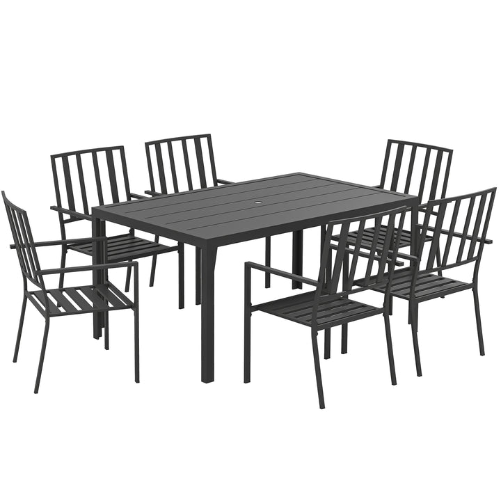 Outsunny Seven-Piece Minimal Metal Garden Dining Set, with Parasol Hole - Black