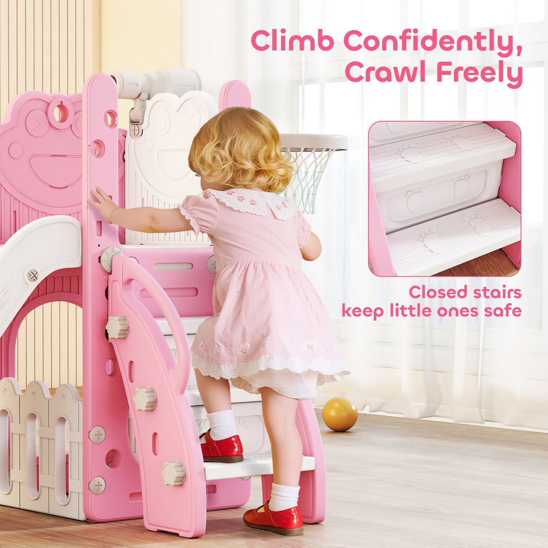 5 in 1 Kids Slide Set with Basketball Hoop, Climbing Frame, Telescope,