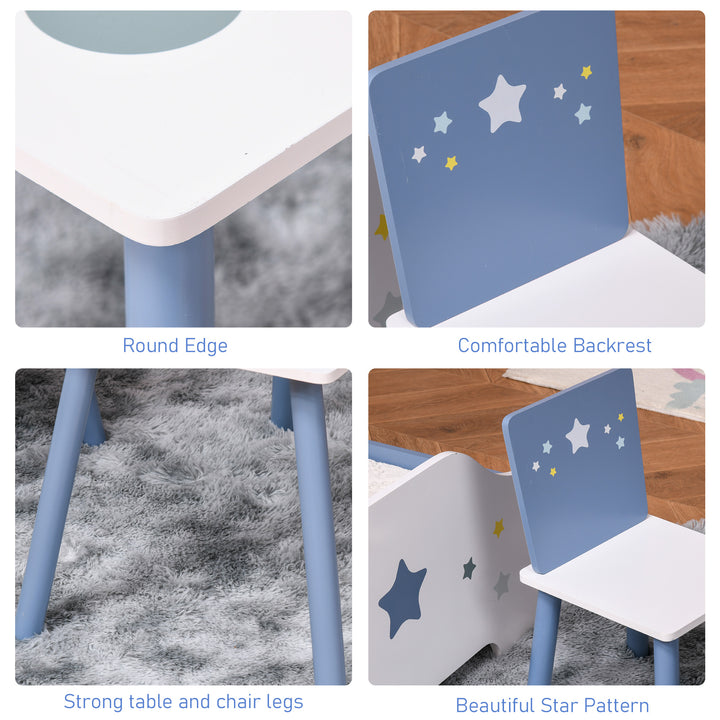 3 Pcs Kids Table & Chairs Set w/ Wood Legs Safe Corners Cute Stars Seating Mini Furniture Home Playroom Bedroom Dining Room Blue