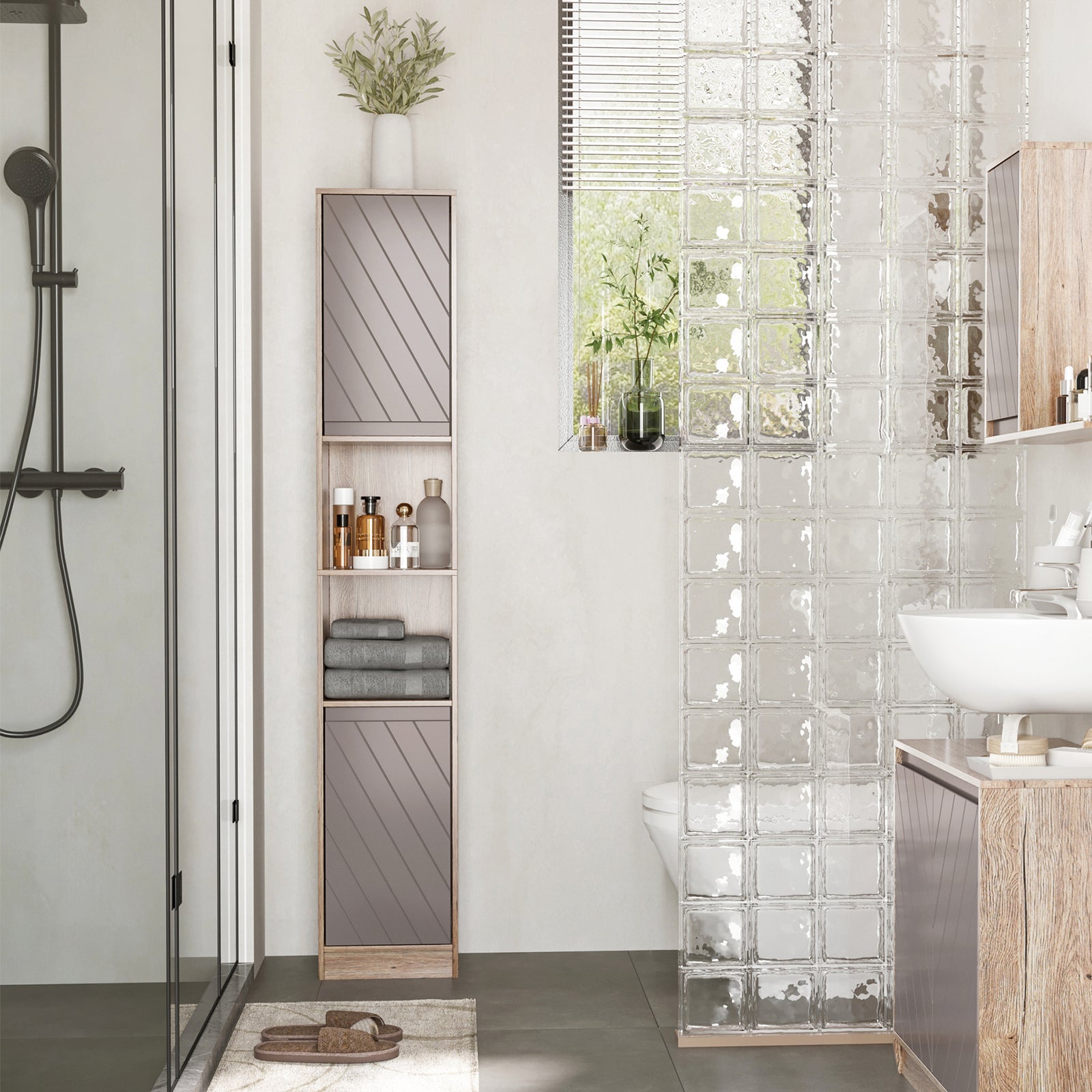 Narrow Bathroom Cabinet, Slim Bathroom Storage Unit with Open Compartment, Freestanding Storage Cupboard with Adjustable Shelves for Small Spaces, 30 x 24 x 170 cm, Grey and Oak