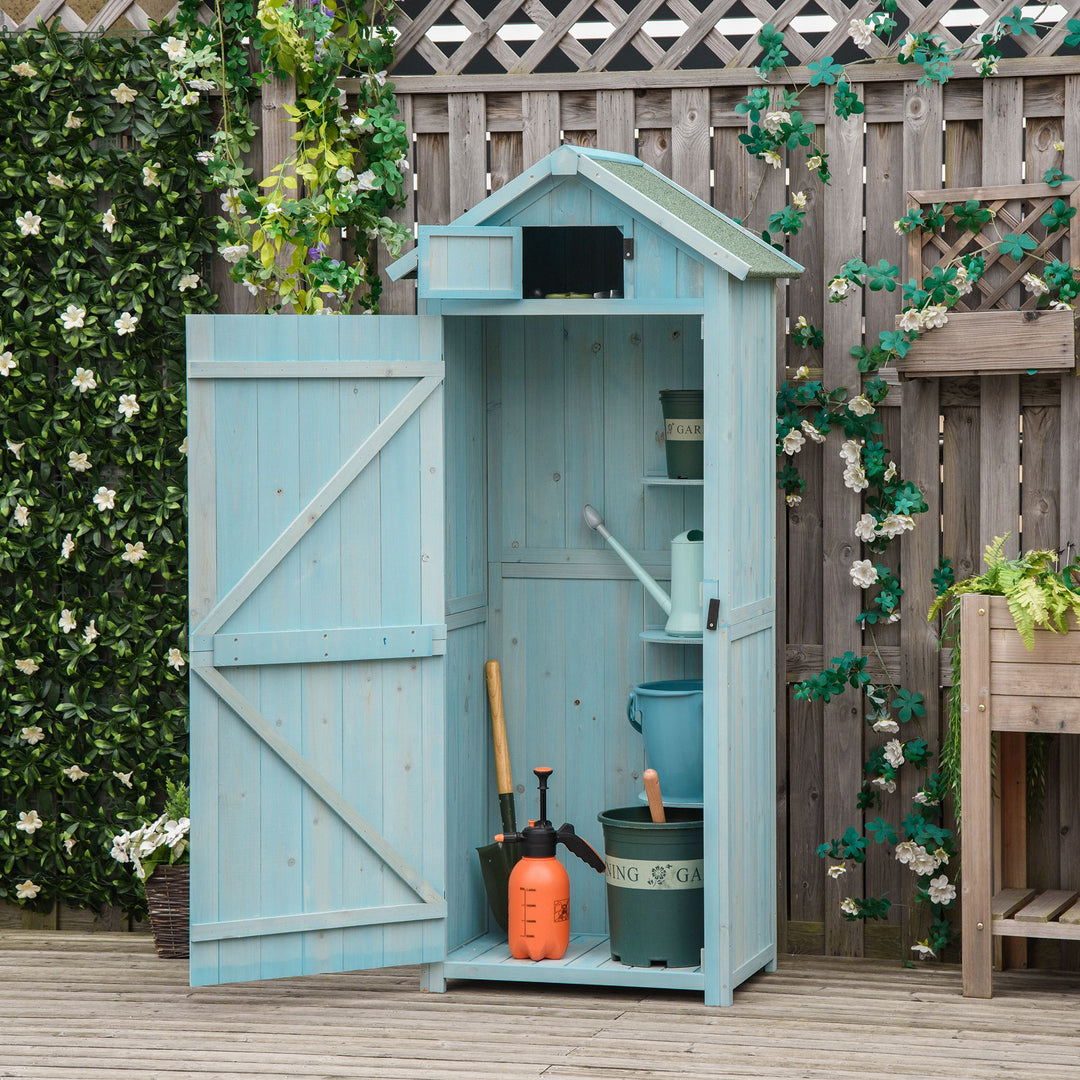 Outsunny Garden Shed Vertical Utility 3 Shelves Shed Wood Outdoor Garden Tool Storage Unit Storage Cabinet, 77 x 54.2 x 179cm - Blue | Aosom UK