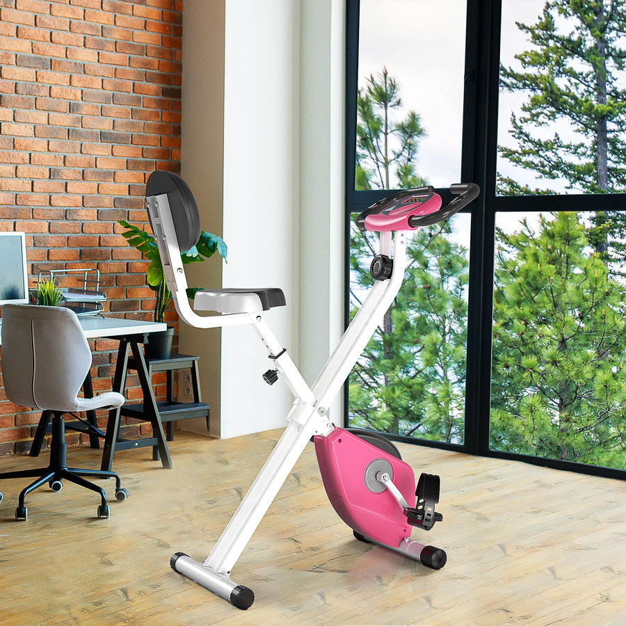 Folding Exercise Bike, Fitness Bicycle Indoor Trainer, 8-Level Magnetic Resistance Adjustable, with LCD Monitor, Pulse Sensor, Pink