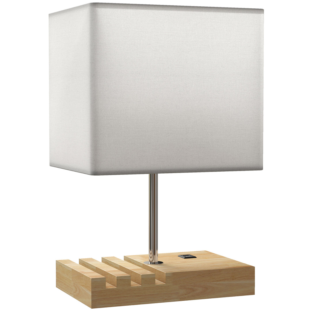 Bedside Lamp with USB A+C Charging Ports and 3 Phone Stands, Modern Table Lamp with Solid Wood Base and Fabric Shade for Bedroom Living Room Office, E27 Socket, Bulb Not Included