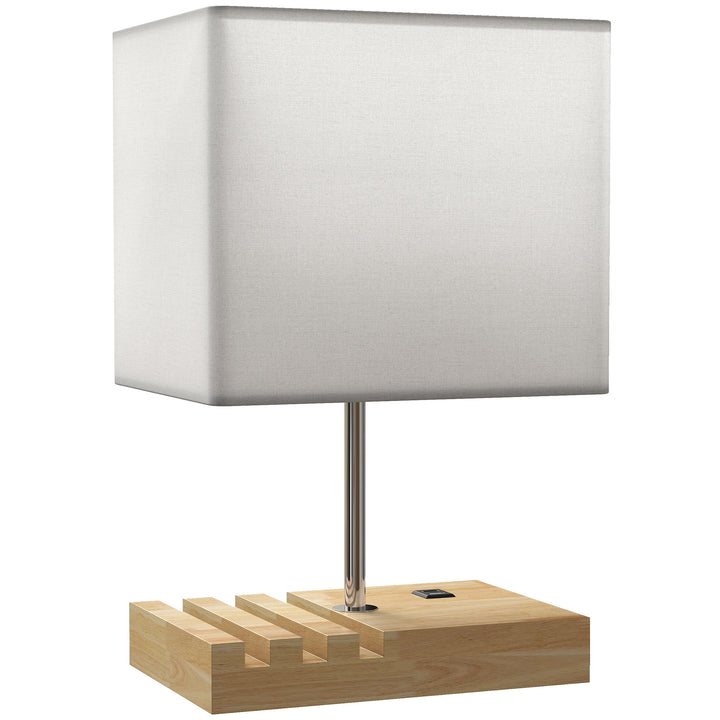 Bedside Lamp with USB A+C Charging Ports and 3 Phone Stands, Modern Table Lamp with Solid Wood Base and Fabric Shade for Bedroom Living Room Office, E27 Socket, Bulb Not Included