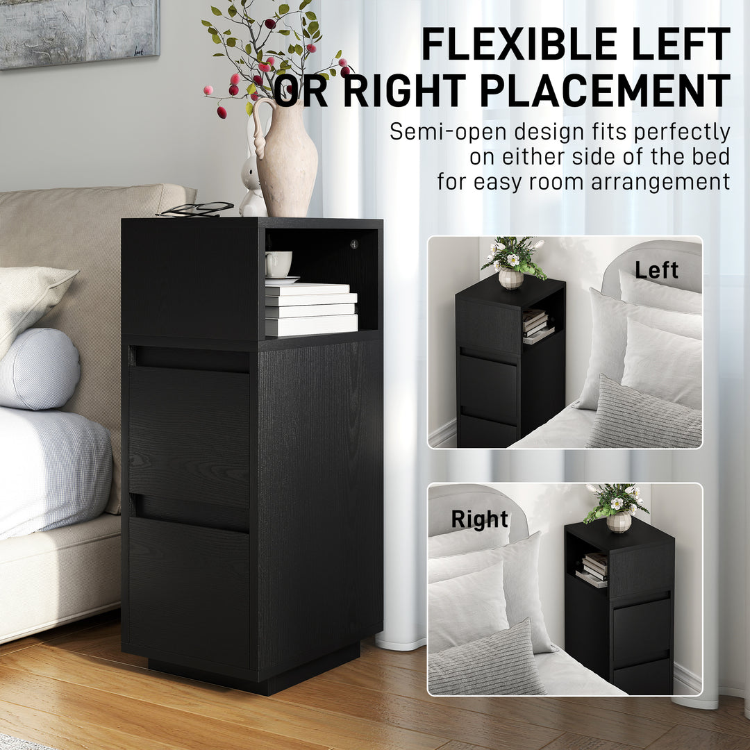 Slim Bedside Table, Narrow Bedside Cabinet with Open Shelf and 2 Drawers for Bedroom, Living Room