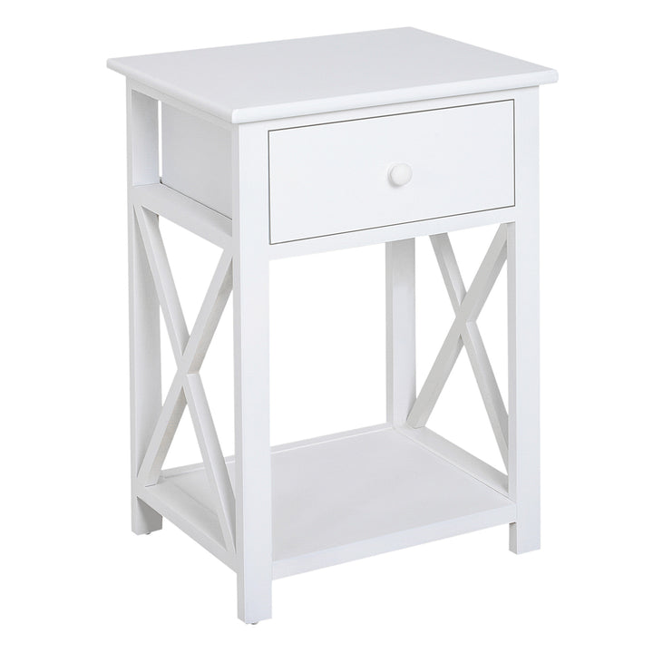 HOMCOM Traditional Accent End Table With 1 Drawer,X Bar Bottom Storage Shelf, for Living Room Bedroom Room 40L x 30W x 55H cm - White