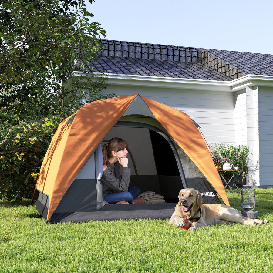 3-4 Person Camping Tent, Easy Set Up Waterproof Dome Tent with Sewn-in Groundsheet, Mesh Windows, Pocket and Hook for Camping, Hiking, Backpacking, Orange and Grey