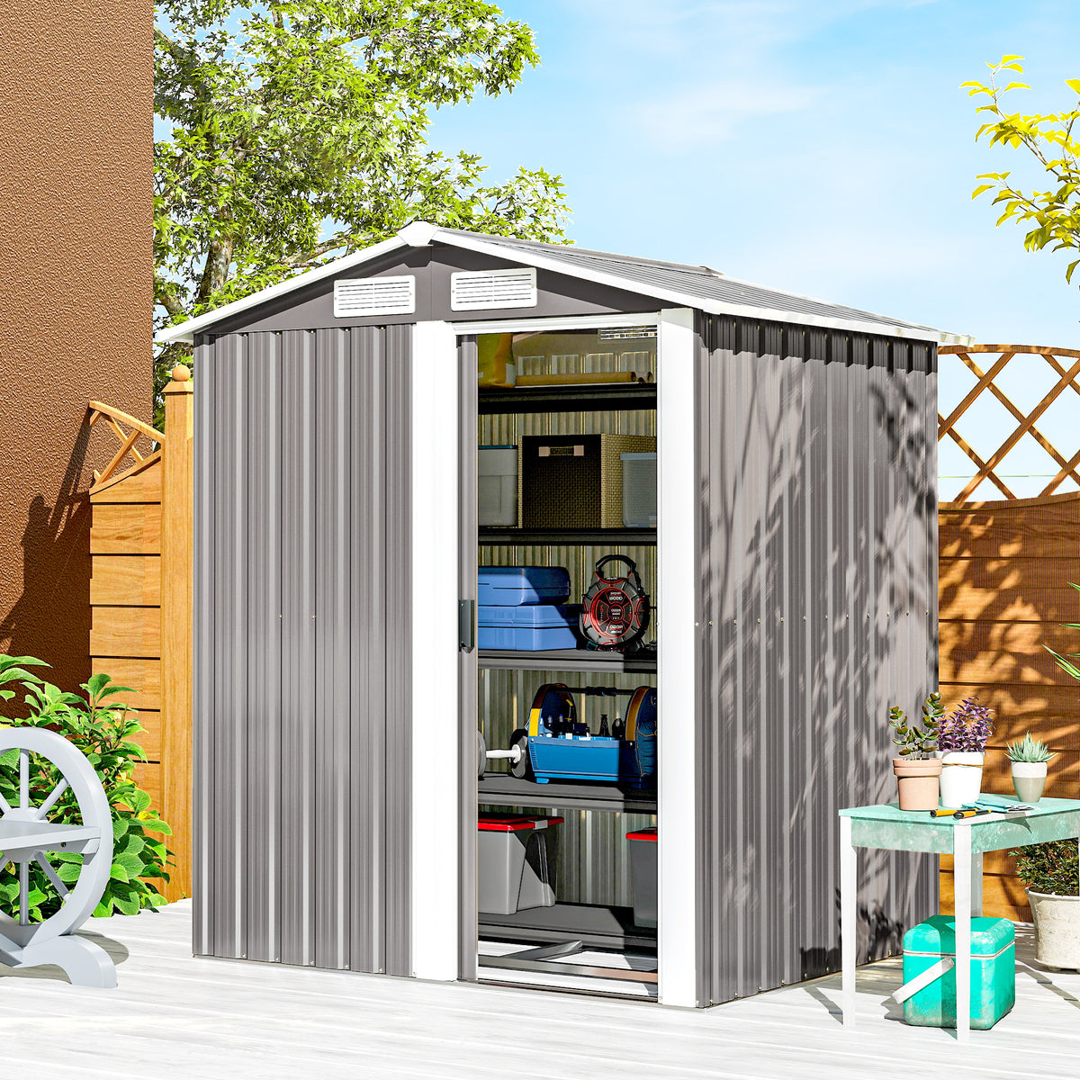 Garden Metal Tool Storage Shed with Sliding Door, Sloped Roof and Foun