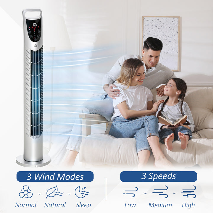 HOMCOM Oscillating Tower Fan, 3 Speeds, 3 Wind Modes, 40W with Remote Control, Timer, Quiet Operation, Silver, 78.5H cm | Aosom UK