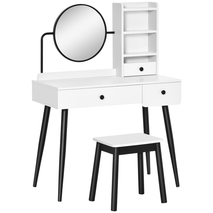 HOMCOM Vanity Dressing Table Set with Mirror and Stool, Makeup Table with 3 Drawers and Open Shelves, White | Aosom UK