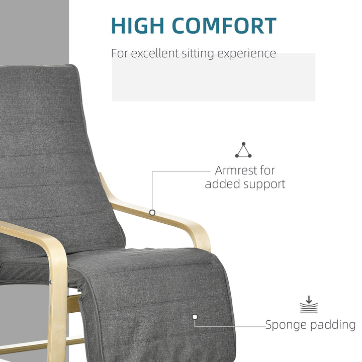 Wooden Armchair, Upholstered Linen Lounge Chair with Adjustable Footrest & Removable Cushion, Poang Chair for Living Room, Dark Grey