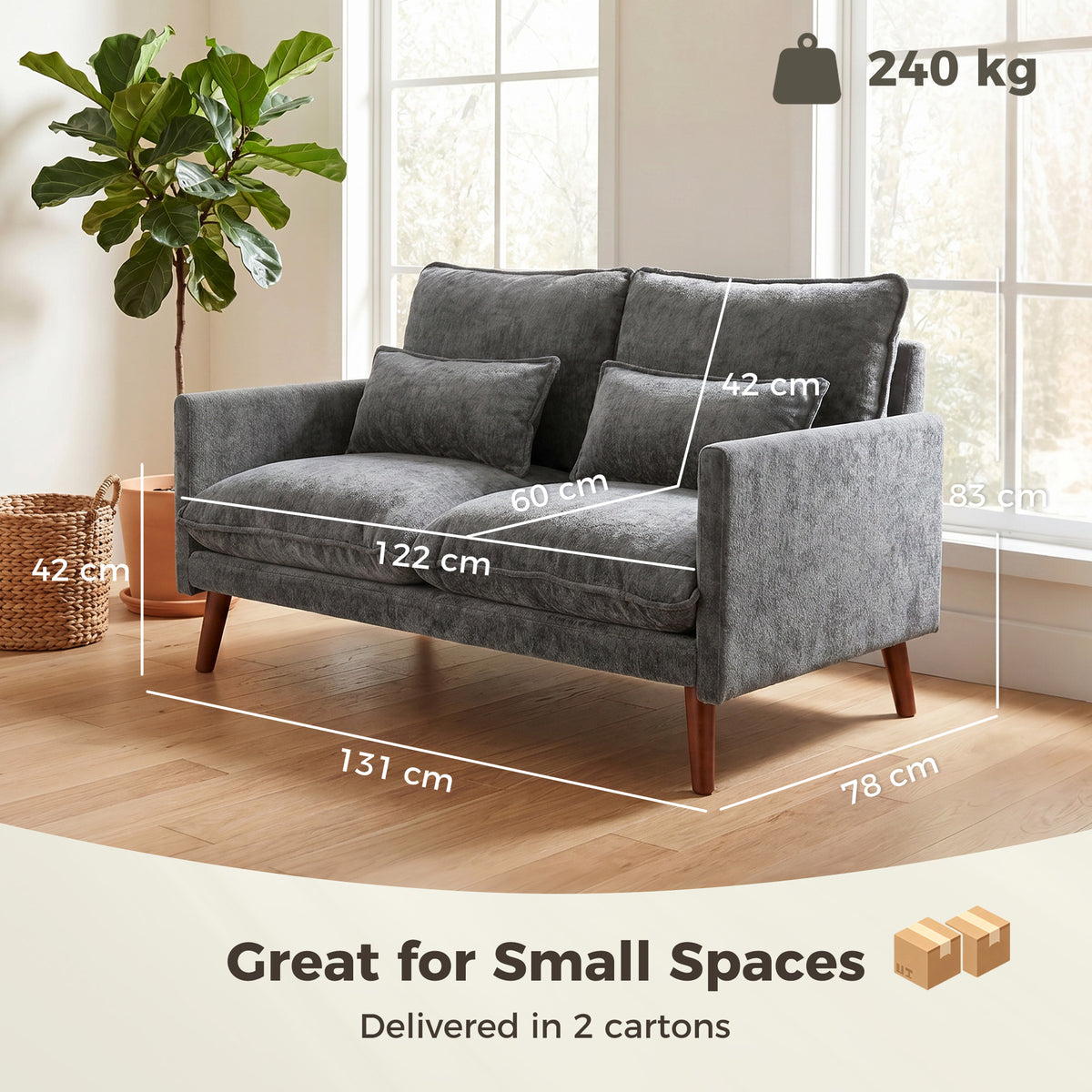 2 Seater Sofa, Loveseat Sofa with Spring Cushions, Wide and Deep Seat,