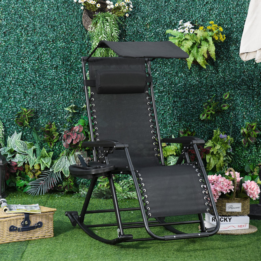 Garden Rocking Chair Folding Recliner Outdoor Adjustable Sun Lounger Rocker Zero-Gravity Seat with Headrest Side Holder Patio Deck - Black