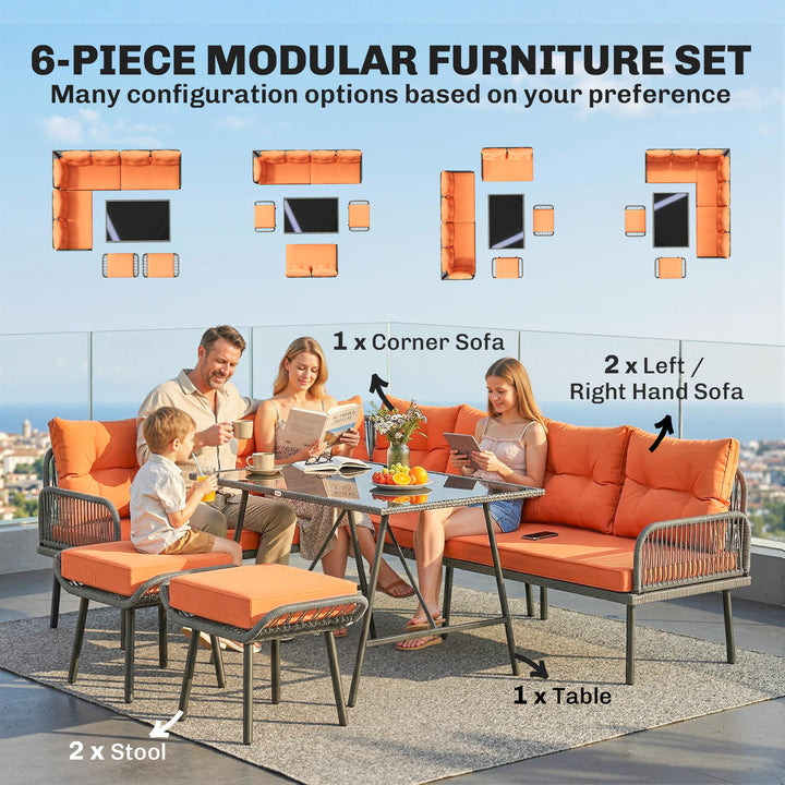 6 Piece Rattan Garden Furniture Set, 8 Seater Garden Corner Sofa with 