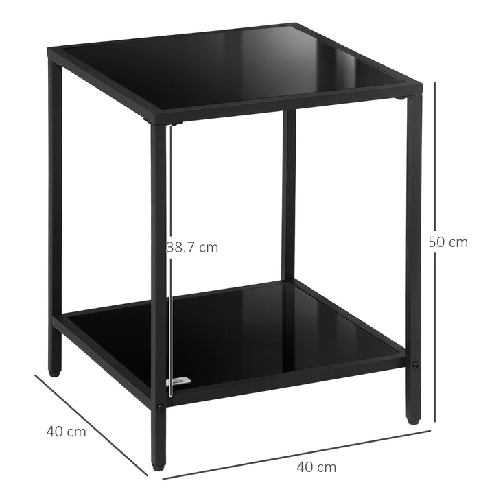 Tempered Glass Side Table with Storage, Modern 2-Tier Bedside Table with Steel Frame, Black