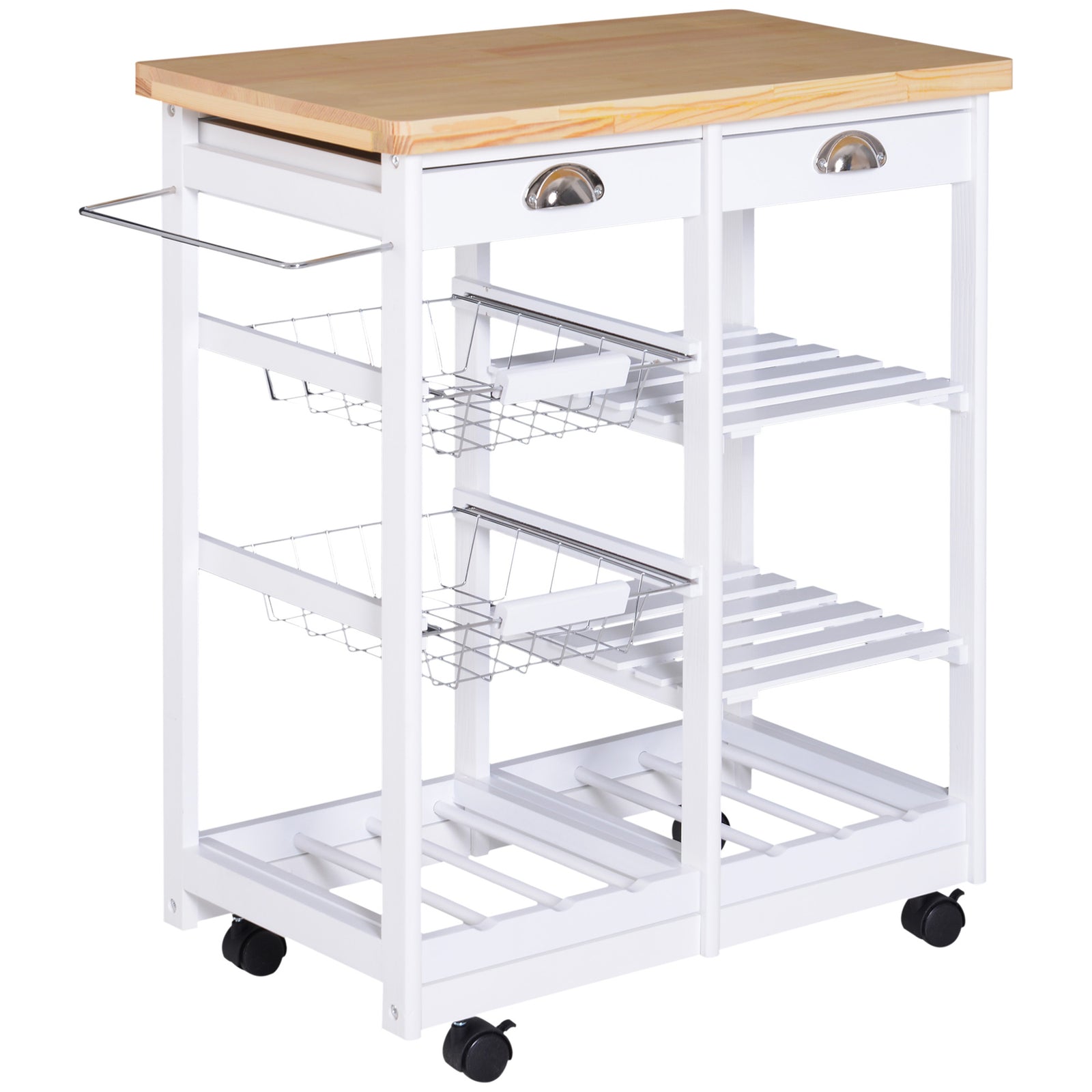 Rolling Kitchen Island Trolley Cart Drawer Shelves Basket Wheels W/ 6 Bottle Wine Rack White