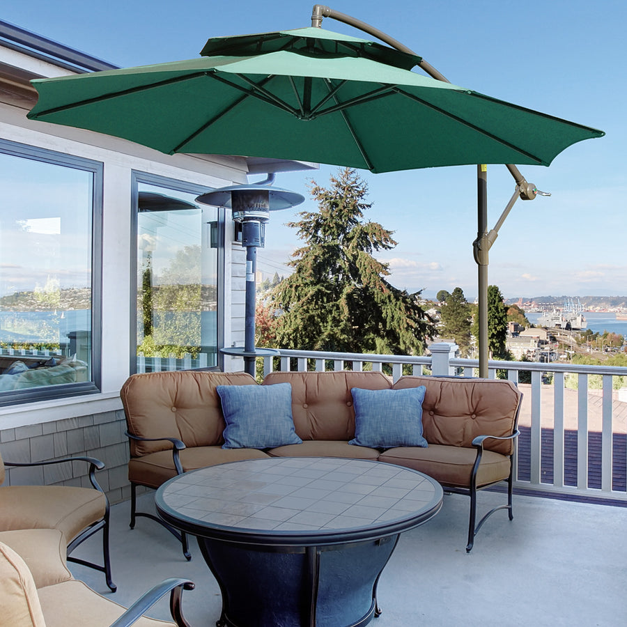 2.7m Banana Parasol Cantilever Umbrella with Crank Handle, Double Tier Canopy and Cross Base for Outdoor, Hanging Sun Shade, Green