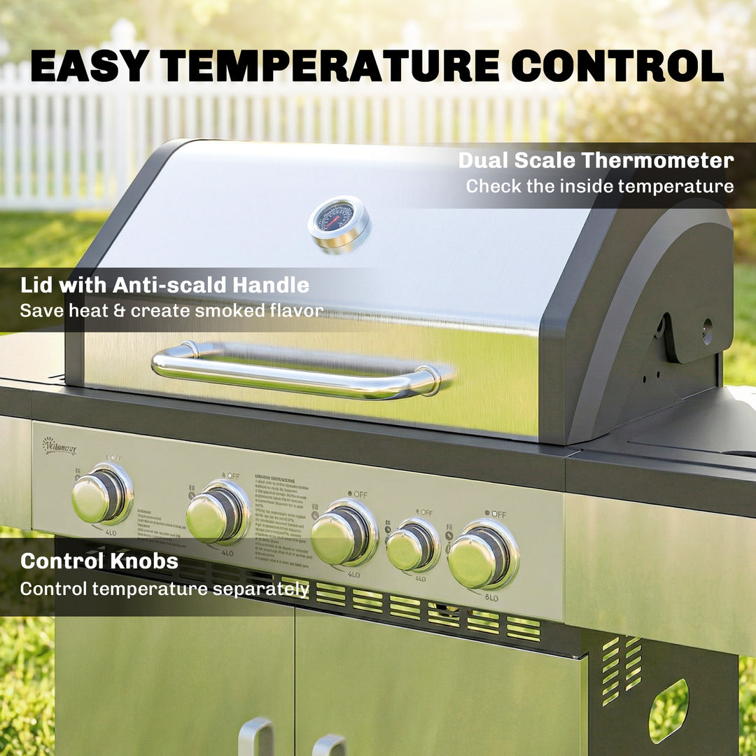 4+1 Burner Gas BBQ Grill, Portable Gas Barbecue Grill with Side Burner