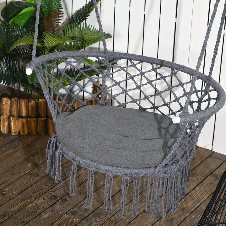 Outdoor Hanging Rope Chair with Cotton Rope, Cotton-Polyester Blend Macrame Garden Hammock Chair with Seat Cushion, Support Backrest, for Patio, Garden, Porch, Dark Grey