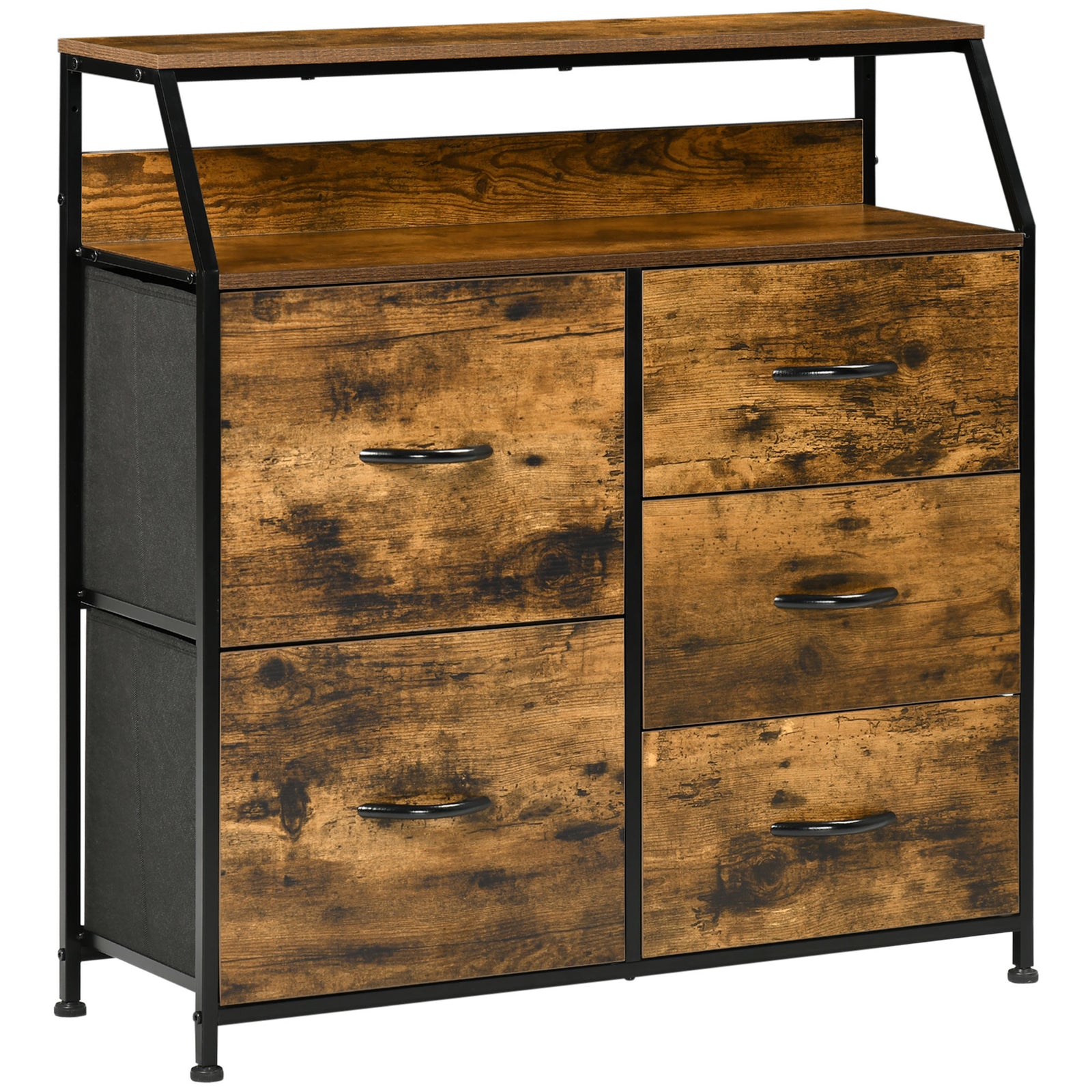 Bedroom Chest of Drawers, Industrial 5 Fabric Drawer Dresser with Open Shelf for Living Room, Rustic Brown
