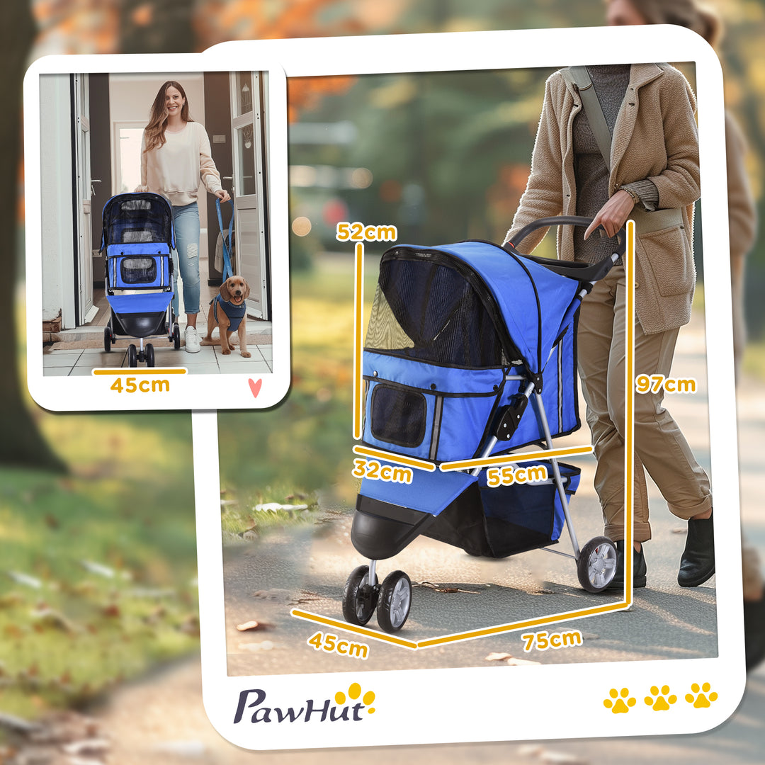 PawHut Dog Pram Cat Stroller Dog Stroller with Cup Holder, Bottom Storage Pocket & Zipper to Keep Your Pet Securely Strapped in, Blue | Aosom UK