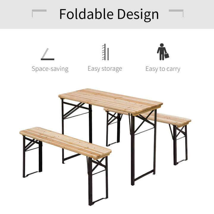 Outsunny Portable Folding Camping Picnic Trestle Beer Table and Bench Set Garden BBQ Chairs Stools Wooden Wood (120cm(L) x 25cm(W) x 46cm(H))