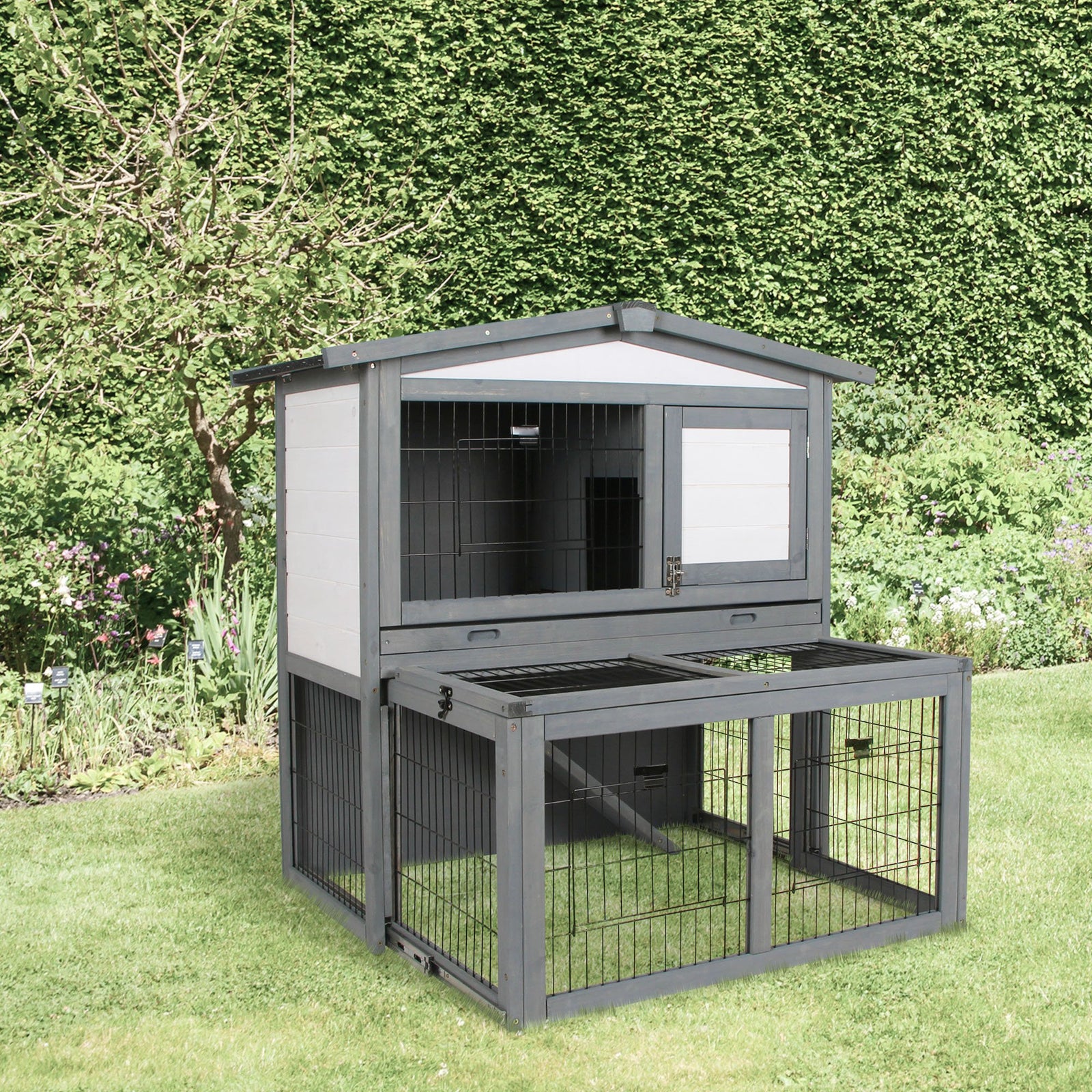 Rabbits 2-Tier Fur Wood Outdoor Hutch Guinea Pigs Hutches Grey