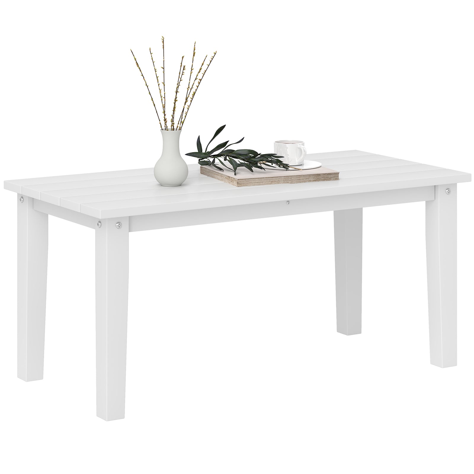 Outdoor Garden Coffee Table, HDPE All-Weather Rectangular Outdoor Garden Table with Slatted Tabletop for Patio, Balcony, 91 x 44 x 42 cm, White