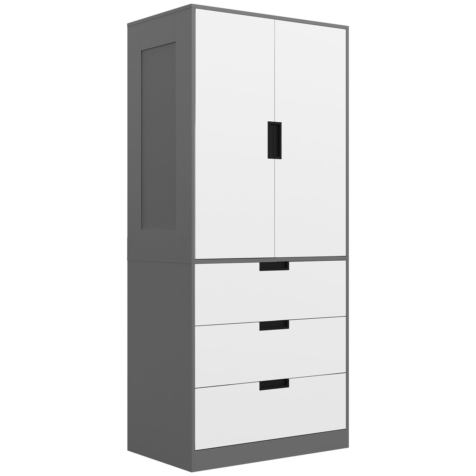 2 Door Wardrobe, Modern Wardrobe with 3 Drawers and Hanging Rod for Bedroom, Grey