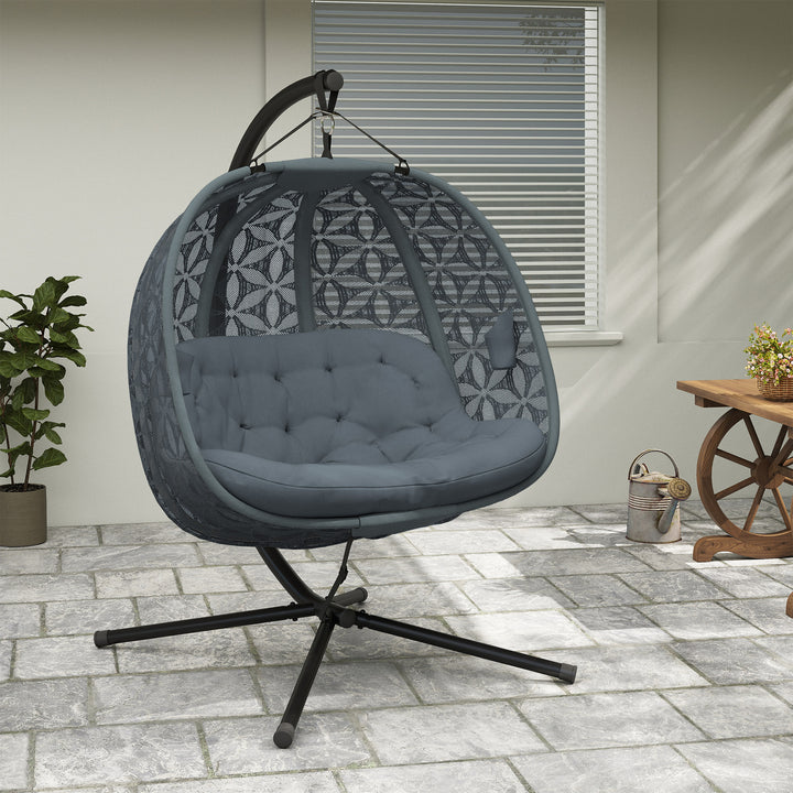 Outdoor Double Hanging Chair with Cushion and Cup Holders, Charcoal Grey