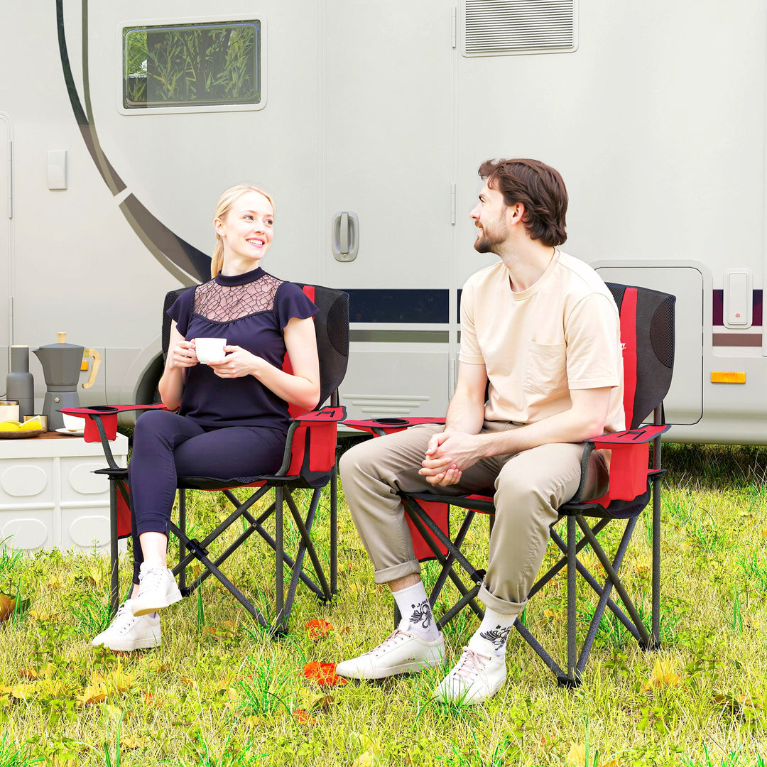 Set of 2 Folding Camping Chairs, Padded Camping Chairs with Adjustable Armrests, Portable & Lightweight Folding Camp Chair with Cooler Bag, Cup Holder and Side Pockets, Red