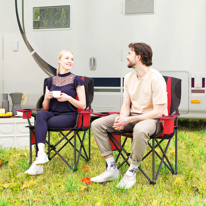 Set of 2 Folding Camping Chairs, Padded Camping Chairs with Adjustable Armrests, Portable & Lightweight Folding Camp Chair with Cooler Bag, Cup Holder and Side Pockets, Red