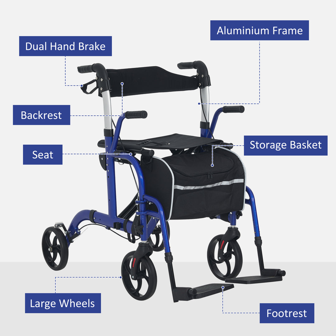 2 in 1 Wheelchair Transport Chair & Folding Rollator Walker with Seat, Backrest, Footrest, Lightweight Walking Frame with Bag, Adjustable Height, 4 Wheeled Walker for Seniors, Pearl Blue