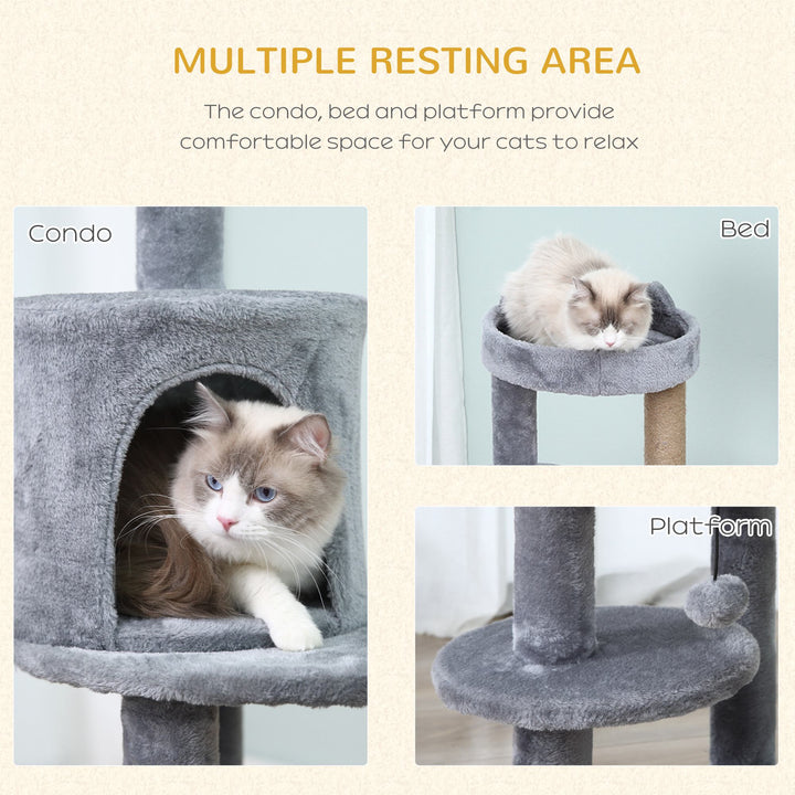 PawHut Deluxe Cat Tree with 3-Tier, Scratching Posts, Play Ball, and Plush Toy for Climbing and Relaxing, Grey | Aosom UK