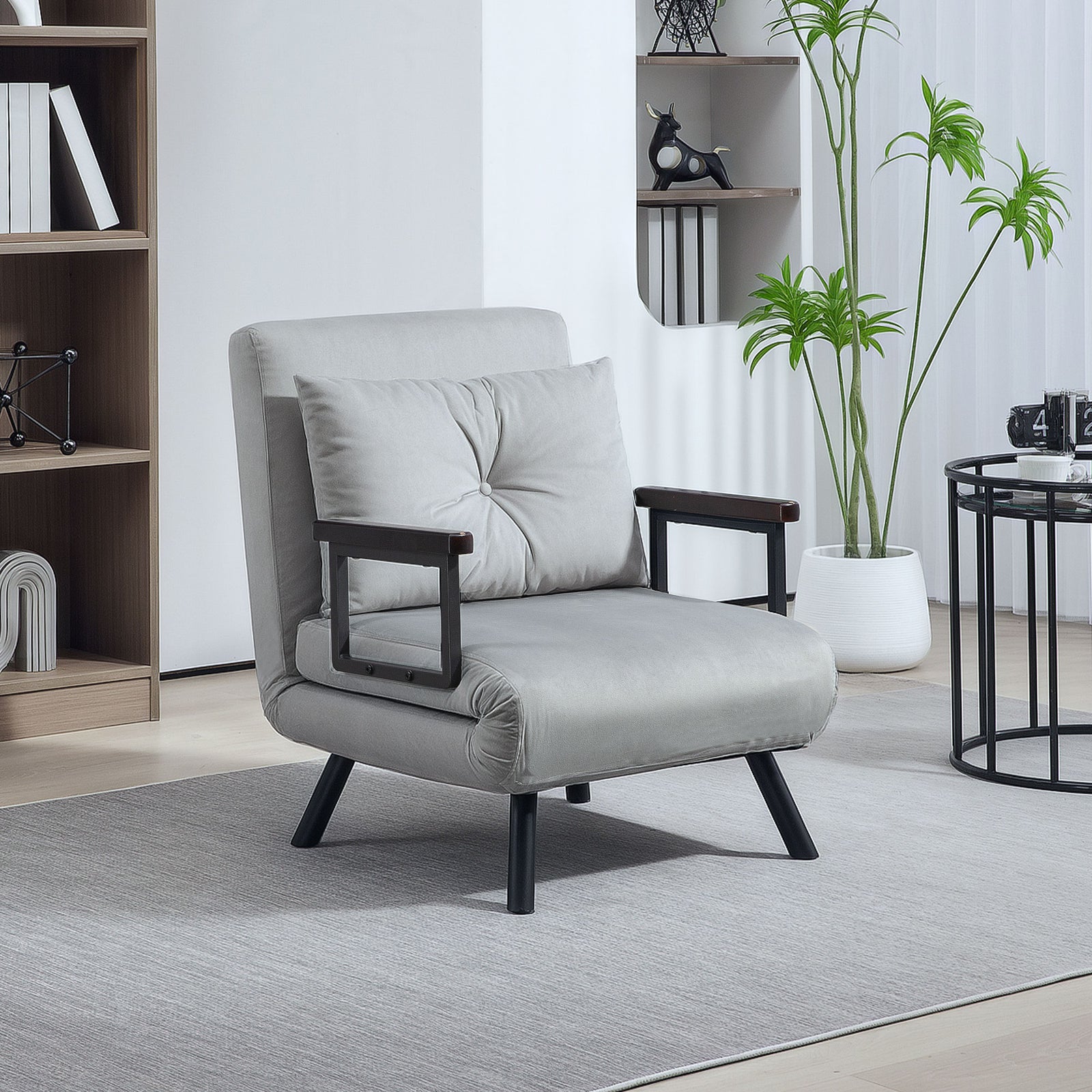 4-in-1 Velvet-Feel Single Chair Bed, with Pillow - Light Grey