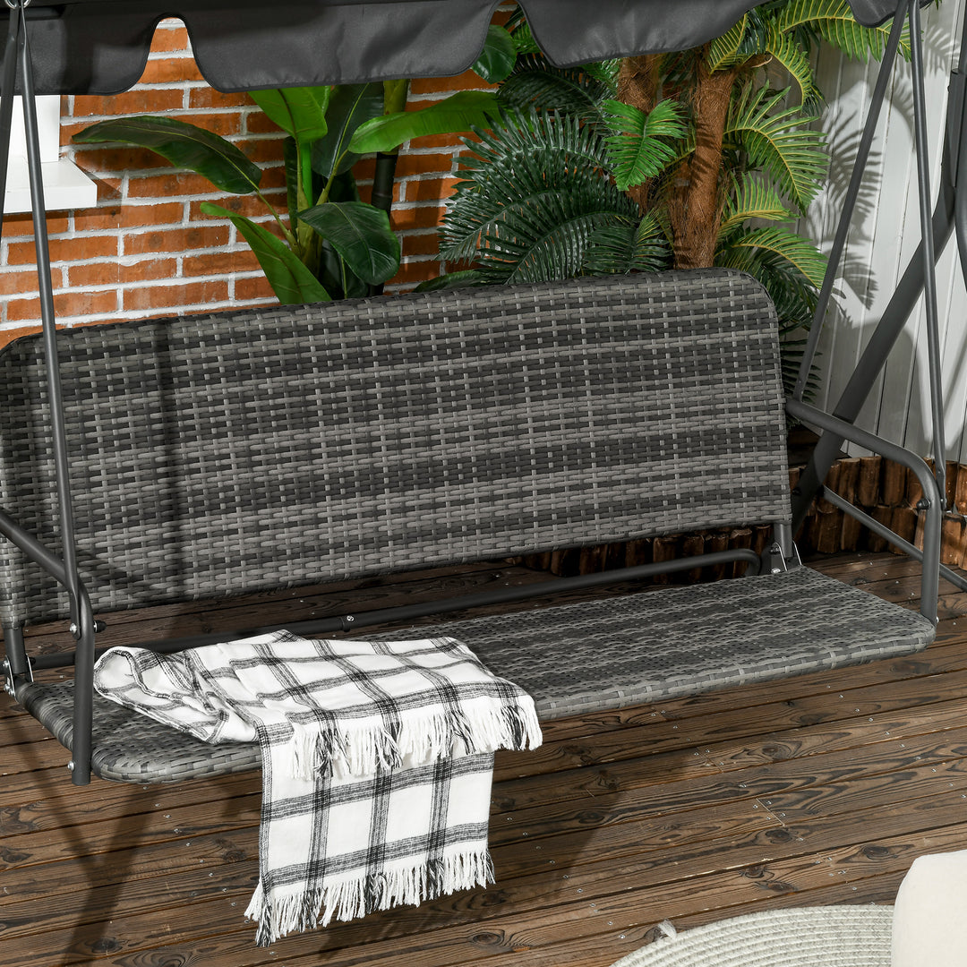 3-Seater Outdoor PE Rattan Swing Chair, Patio Wicker Hanging Swing Bench with Steel Frame Stand & Adjustable Canopy, Grey