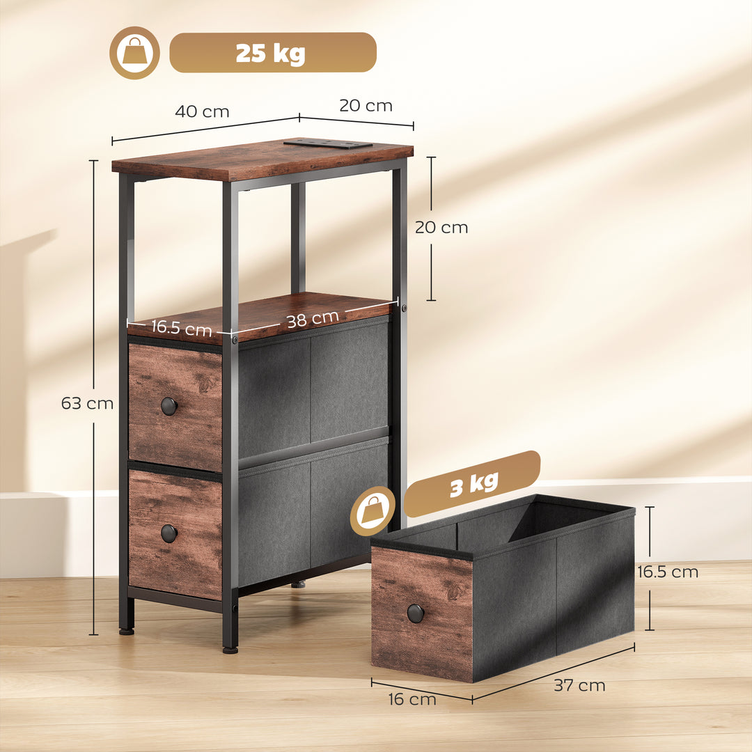 Side Table, Narrow Bedside Table with Charging Station, 2 Drawers, AC Outlet and 2 USB Ports for Living Room, Bedroom